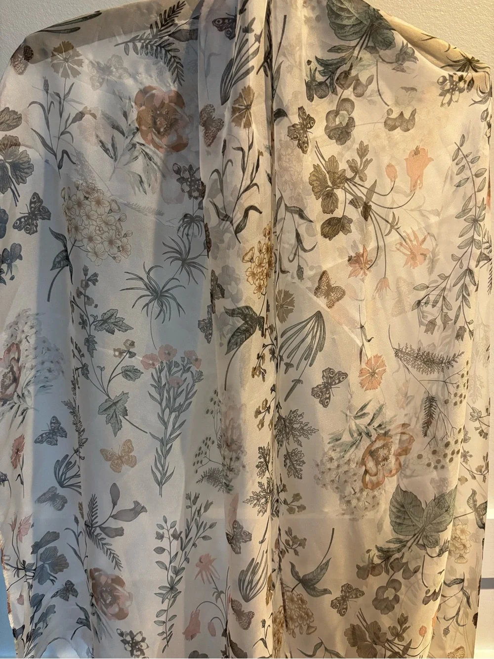 Silk lightweight, sheer botanical scarf/ VTG inspired sketch print of flowers